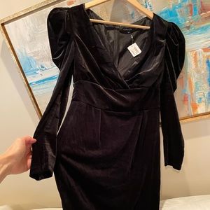 NWT (S) black velvet long sleeve puff sleeve pencil high waist deep V midi